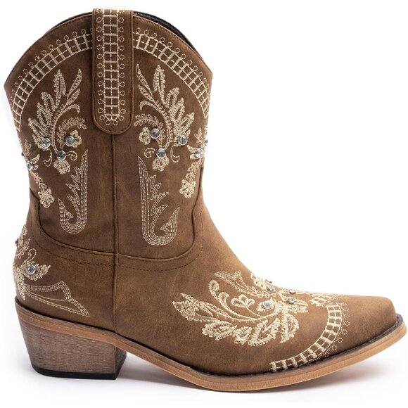 Women Brown Cowgirl with Sparkly Embroidered Rhinestone Short Western Ankle Boot - Picture 2 of 8